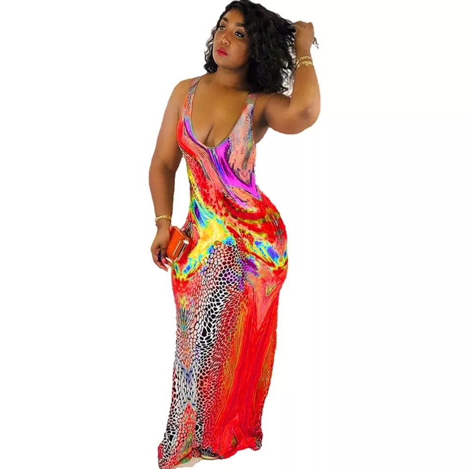 Fun Summer Colorful Floral Print Maxi Dress