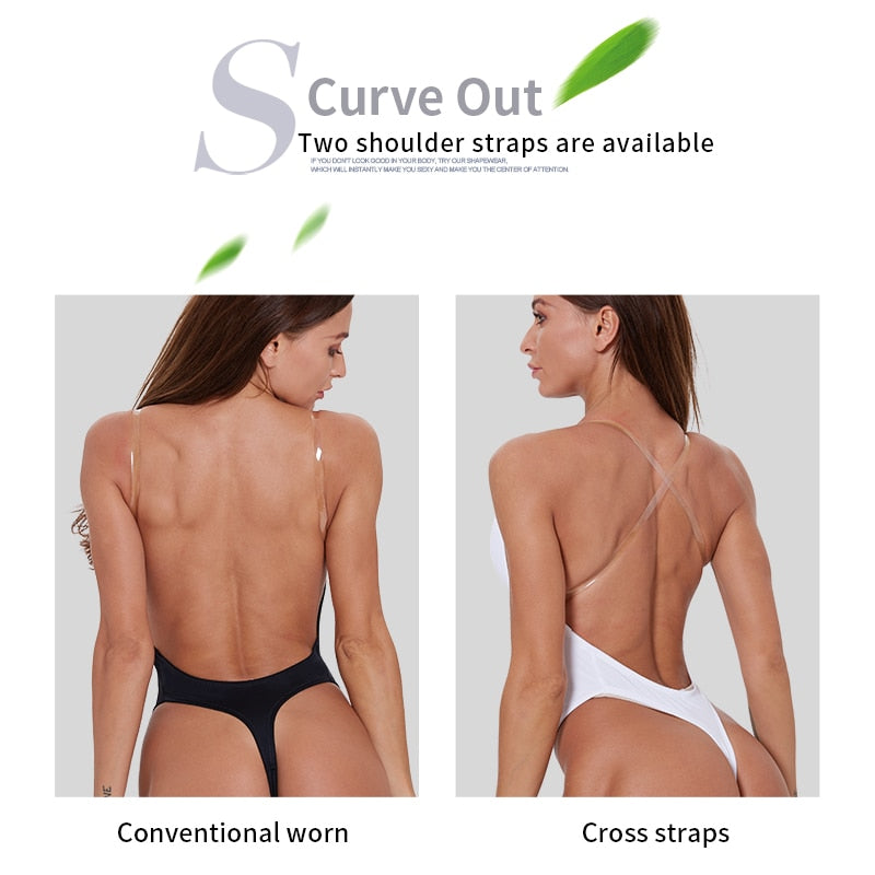Tummy Shaper Deep V Bodysuit Clear Strap Backless Plunge Thong Push Up –  Schnique's Boutique