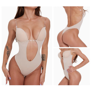 Tummy Shaper Deep V Bodysuit Clear Strap Backless Plunge Thong Push Up Padded Bra