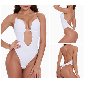 Tummy Shaper Deep V Bodysuit Clear Strap Backless Plunge Thong Push Up Padded Bra