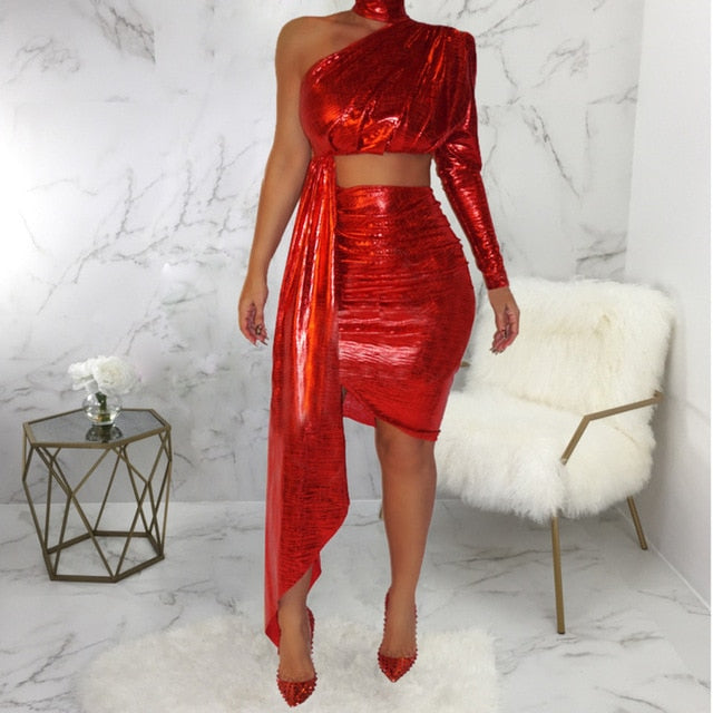 Glitter One Shoulder Long Sleeve Crop Top+Sexy Skirt Set