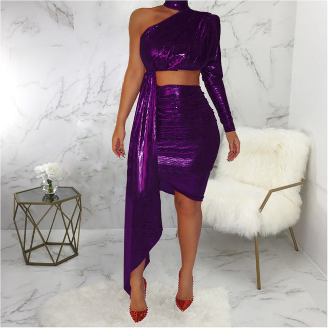 Glitter One Shoulder Long Sleeve Crop Top+Sexy Skirt Set