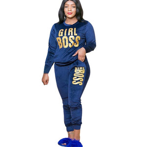 Plus Size XL-5XL Girl Boss Letter Print Velvet Women's Set Sweatshirt Top Jogger Pants Suit Tracksuit Two Piece Set Fitness Outfit