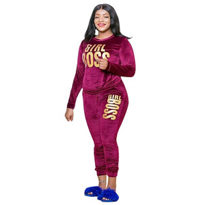 Plus Size XL-5XL Girl Boss Letter Print Velvet Women's Set Sweatshirt Top Jogger Pants Suit Tracksuit Two Piece Set Fitness Outfit