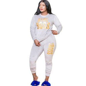 Plus Size XL-5XL Girl Boss Letter Print Velvet Women's Set Sweatshirt Top Jogger Pants Suit Tracksuit Two Piece Set Fitness Outfit