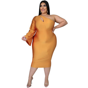 Plus Size 2XL-5XL One Shoulder Long Sleeve Bodycon Midi Dress Pencil Dresses