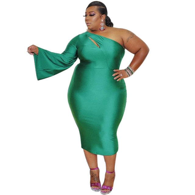 Plus Size 2XL-5XL One Shoulder Long Sleeve Bodycon Midi Dress Pencil Dresses