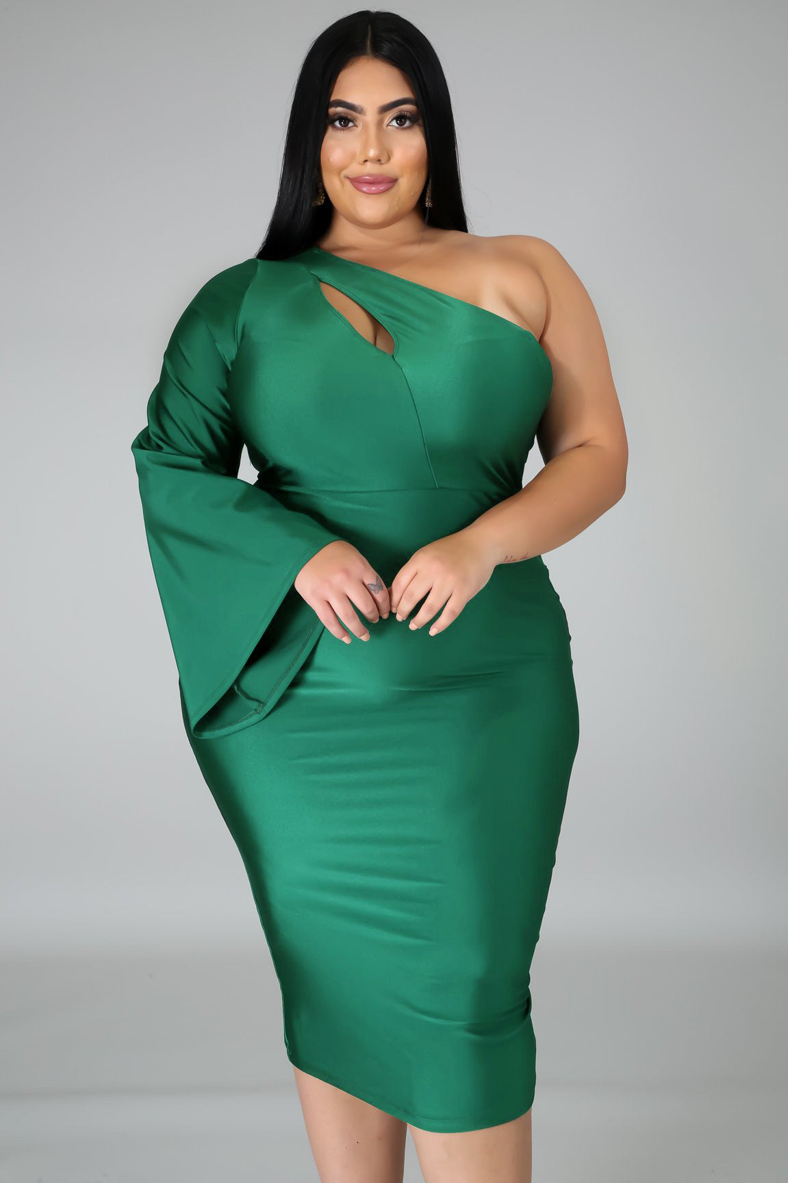 Plus Size 2XL-5XL One Shoulder Long Sleeve Bodycon Midi Dress Pencil Dresses