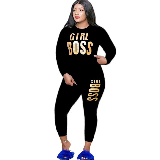 Plus Size XL-5XL Girl Boss Letter Print Velvet Women's Set Sweatshirt Top Jogger Pants Suit Tracksuit Two Piece Set Fitness Outfit