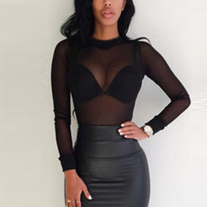 Sexy Women Transparent Mesh Tops Long Sleeve Crop Top