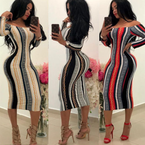 Long Sleeve Bodycon Dress Off Shoulder Striped Mid Dress