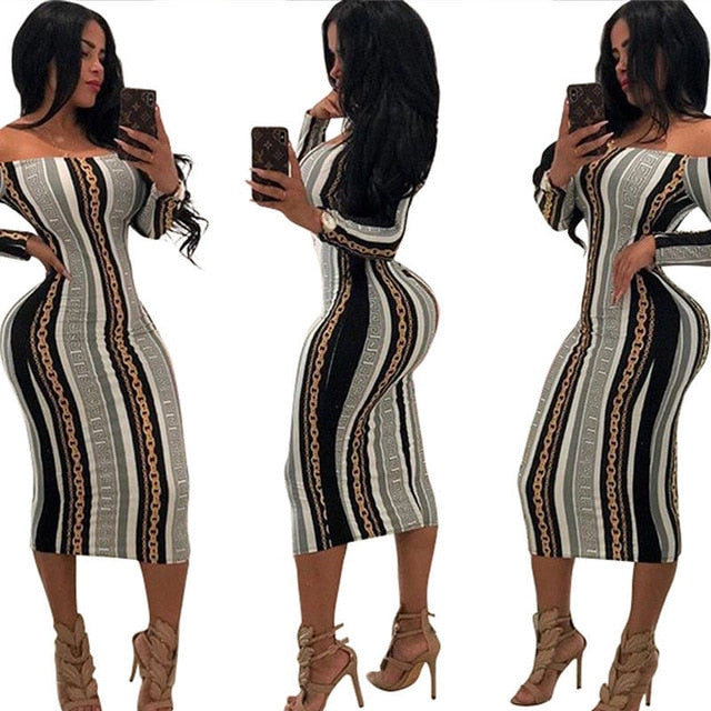 Long Sleeve Bodycon Dress Off Shoulder Striped Mid Dress