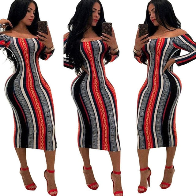 Long Sleeve Bodycon Dress Off Shoulder Striped Mid Dress